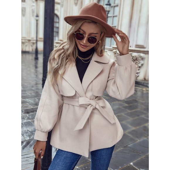 BohoGypsyDreamer.com Jackets & Blazers - Belted Lapel collar Overcoat pea coat peacoat cream minimalist preppy
